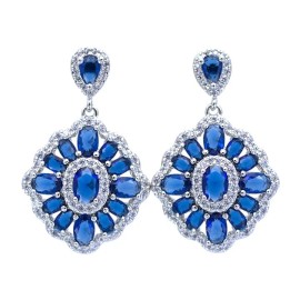 Sapphire Rhodium Plated with Simulated Sapphire & Cubic Zirconia Drop Stud Earrings