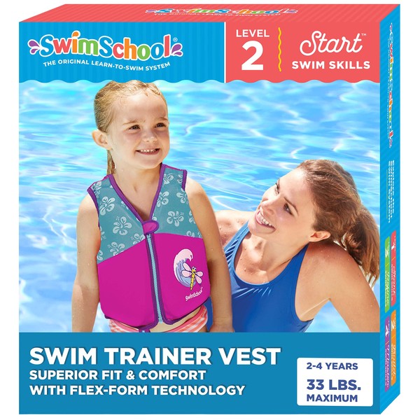 SwimSchool Swim Trainer Vest – Small/Medium Max 33 Pounds – Kids Swim Vest with Padded Shoulders – Comfortable Flex-Form-Fit Design with Adjustable Safety Strap – Pink/Aqua