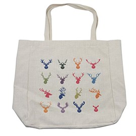 Lunarable Antlers Shopping Bag, Group of Various Reindeer Antlers Illustration Hunter Wild Life Hobby Theme, Eco-Friendly Reusable Bag for Groceries Beach and More, 15.5" X 14.5", Cream