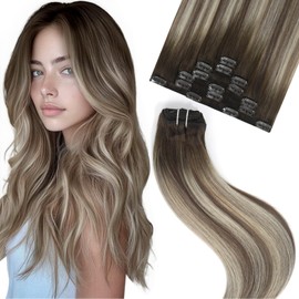 FUBILI clip in hair extensions real human hair Balayage Walnut Brown to Ash Brown Mix Light Blonde remy hair extensions Double weft ombre clip in hair extensions 16 Inch 75G 7PCS for women