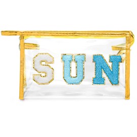 Y1tvei Preppy Patch Chenille Varsity Letter Cosmetic Bag PVC Transparent Zipper Waterproof Beach Makeup Carry Pouch Portable Travel Toiletry Organizer for Women, Blue SUN Gold
