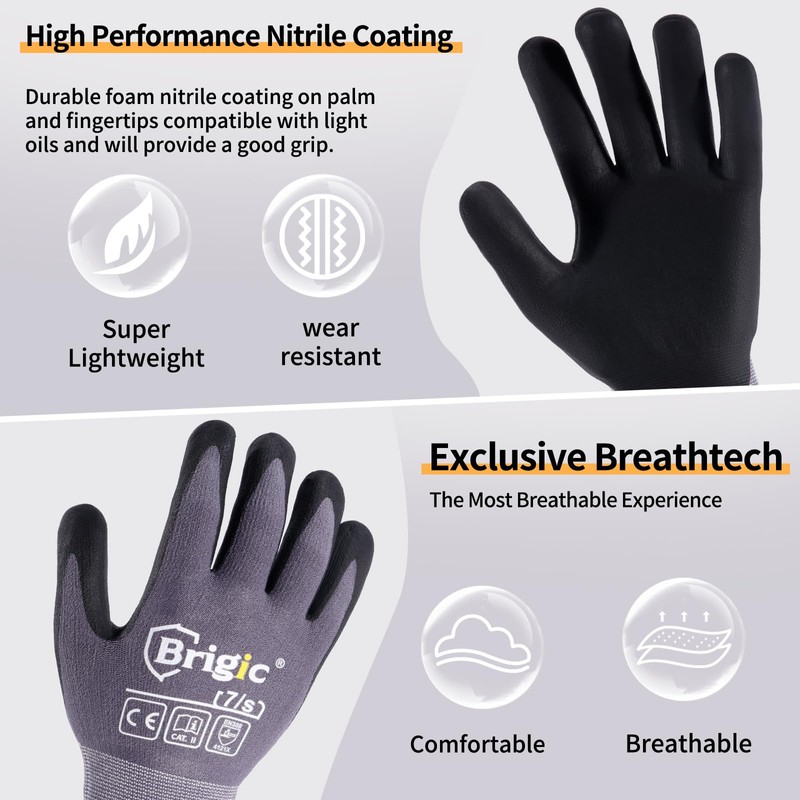 Brigic Safety Work Gloves Micro Foam Nitrile Coated, High-density Nylon