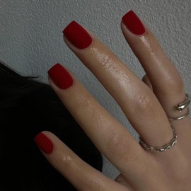 Matte Red Press on Nails Short Square, KXAMELIE Gel Nails Glue on Acrylic Nails Press ons Featured Protective Coat Thick Reusable Fake Nails Solid Color 24 Short Coffin Artificial Nails