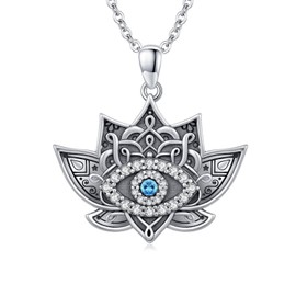 Adnix Lotus Evil Eye Necklace 925 Sterling Silver Evil Eye Necklace Lotus Necklace Protection Amulet Jewelry for Women Men