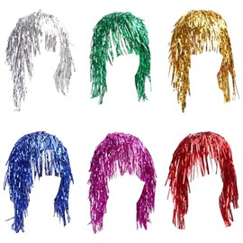 UUYYEO 6 Pcs Foil Tinsel Wigs Shiny Party Wigs Fancy Short Wigs Colorful Costume Wigs Dress up Wigs Cosplay Hair Piece Fun Crazy Hair Wigs