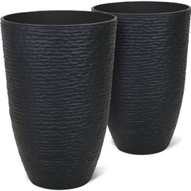 WORTH Garden 21" H Tall Planters 2 Pack - 14'' Dia Resin Large Round Black Flower Pots for Outdoor Plants Trees - Imitation Stone Finish Plastic Indoor Front Porch 9 Gallon Decorative Container Patio