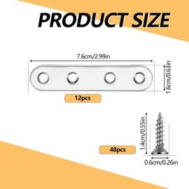 Mending Plates Flat Brackets, 12 Pcs Flat Plate Straight Brackets, Stainless Steel Flat Straight Brace Brackets, Straight Corner Fixing Bracket Joining Plates for Furniture Wood, with 48 Screws