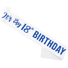 It’s My 18th Birthday Sash,18th Birthday Sash for Girls,Glitter Letter 18th Birthday Sash for Girls,Happy 18th Birthday Party Decorations,White and Blue