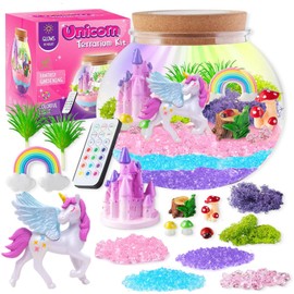 Unicorn Terrarium Kit for Kids，Unicorn Toys for Girls Age 4-6 with 12 Modes LED Remote Night Light, DIY Arts and Crafts Kit for Kids Birthday for Girls Ages 4 5 6 7 8-12 Year Old (Crystal)