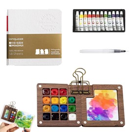15 Colours Portable Watercolour Palette, Mini Watercolour Box, Watercolour Paint Set, Wooden Sketchbook Palette, Watercolour Painting Box, Magnetic Palette with Clip, Mini Wooden Palette, Foldable (15