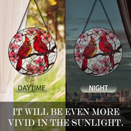 Hxlac Cardinal Flower Suncatcher Stained Glass Garden Window Hanging, Cardinal Bird Floral Sun Catchers Indoor Window Glass Round Wall Decor, Red Bird Floral Wall Art Hanging Decorations, ＂7.8x7.8＂