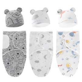 GDBYUE Juego de Saco para Dormir Bebe 6Pcs, 3 Piezas Swaddle Bebé, con 3 Gorritos Bebe Recien Nacido, Adecuado para Bebés de 0 a 3 Meses (Biberón + Luna + Dinosaurio)