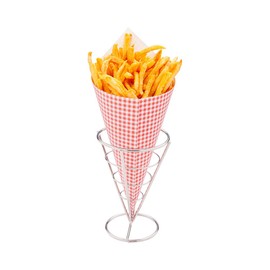 Restaurantware 4 x 5.5 Inch French Fries Stand 1 Fry Stand - Heavy-Duty Dishwashable Silver Stainless Steel Cone Holder Stand For Snacks Appetizers Or Desserts