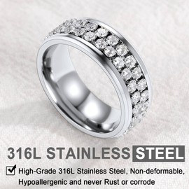 U7 Silver Ring Stainless Steel Anxiety Ring For Men Women Cubic Zirconia Fidget Rings