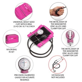PARAMED Aneroid Sphygmomanometer – Manual Blood Pressure Cuff with Universal Cuff 8.7-16.5" and D-Ring – Carrying Case in The kit – Pink – Stethoscope Not Included