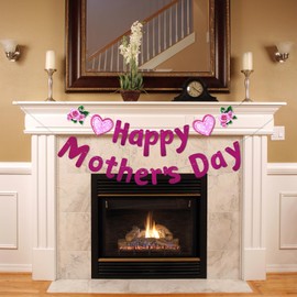 Oeyliz Happy Mother's Day Banner Mother's Banner Glitter Mom's Garland Sign DIY Mom Day Decorations Pink Flowers and Heart Patterns Outdoor Indoor Home Hanging Decorations Party Supplies