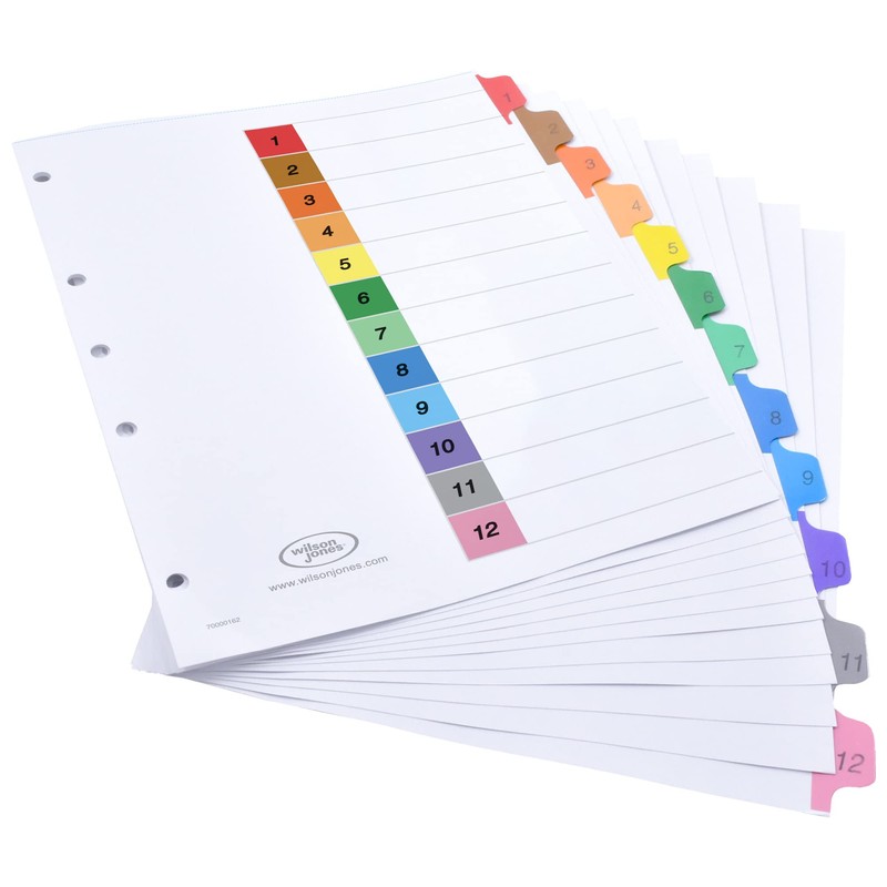 Wilson Jones P1348 Separadores de Carpeta Numerados, colores Brillantes, 12
