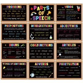 FYSUIMU 12 Pcs Parts of Speech Posters English Grammar Chart Language Art Bulletin Board Cutouts for Back to School Elementary Middle High Teacher Educational Classroom Decor (Blackboard)