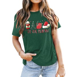 YZMI Tis The Season Christmas Tree T-Shirt Latte Coffee Xmas Gift Santa Hat Tee Tops Green XL