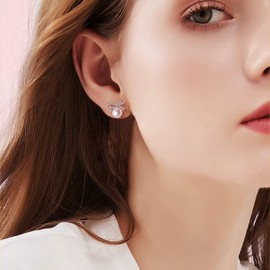 PHNIBIRD Pearl Earrings 925 Sterling Silver Stud Earrings Silver Bow Earrings with 5A Cubic Zirconia Earrings Women's Gifts for Women, Sterling Silver, Cubic Zirconia