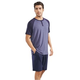 DAVID ARCHY Men's Sleepwear Cool & Soft Bamboo Rayon Mens Summer Pajamas Set Short Sleeve Mens Pjs Sets with Pockets(M, Navy Blue)