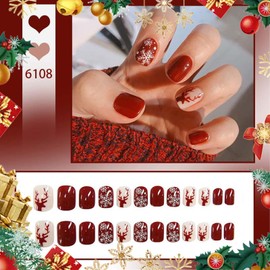 Christmas False Nails, Red Christmas Fake Nails, Press on Nails with Glue, Burgundy Reindeer Snowflake, French Stick on Nails for Women Nail Art Decoration Accessories (24PCS)