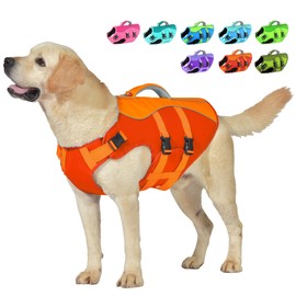 Petglad Dog Life Jacket, Reflective Dog Harness Life Vest with Rescue Handle for Swimming Boating, Adjustable High Buoyancy Flotation Swim Vest for Small Meium Large Dogs - Orange, M