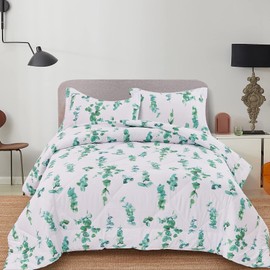 JSD 3 Piece Eucalyptus Leaves Comforter Set Queen Size, All Season Lightweight Green Botanical Microfiber Comforter with Pillow Shams