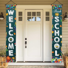 Lofaris Welcome Back to School Porch Banner Blackboard Stationery Pen Alarm Clock Yard Sign Formula School Bus Hanging Sign Porch Banner for Outdoor Wall Front Door Decor 2 Pieces 70.87x11.81inch