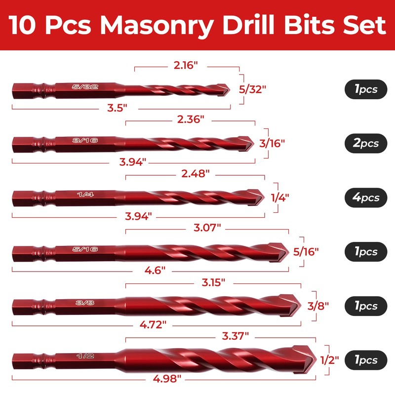 Keewaki Masonry Drill Bit Set - 10-Piece Hex Shank Set