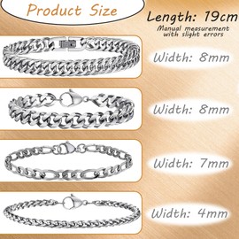 Mikqky Pack of 4 Men's Silver Cuban Bracelets, Curb Chain Bracelets, Stainless Steel, Curb Bracelet, Link Bracelet, Stainless Steel Curb Bracelet for Men, 19 cm - 21 cm (Silver), Stainless Steel