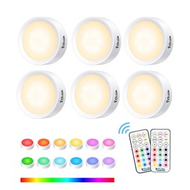 AlltroLite FA7835 Color Changing LED Puck Lights with 2 Remotes (6 Pack) | 13 RGB Colors Changing Battery Operated Lights for Under Cabinets with Dimmer, Auto-Off Timer (Batteries Included)