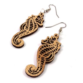 Seahorse Earrings made of Sustainable Oak Wood Hook Dangle Drop Earrings