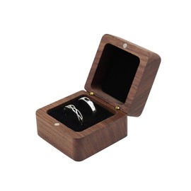 Energather Ring Box with 2 Slots, Wood Ring Box Engagement Ring Box with Magnetic, Square Wedding Ring Box Vintage Ring Box for Proposal, Wedding, Engagement (black)