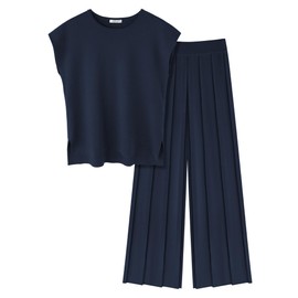 Ekouaer Lounge Sets for Women Two Piece Outfits Knit Cap Sleeve Tops Wide Leg Pleated Pants Casual Dressy Sweater Sets Navy Blue