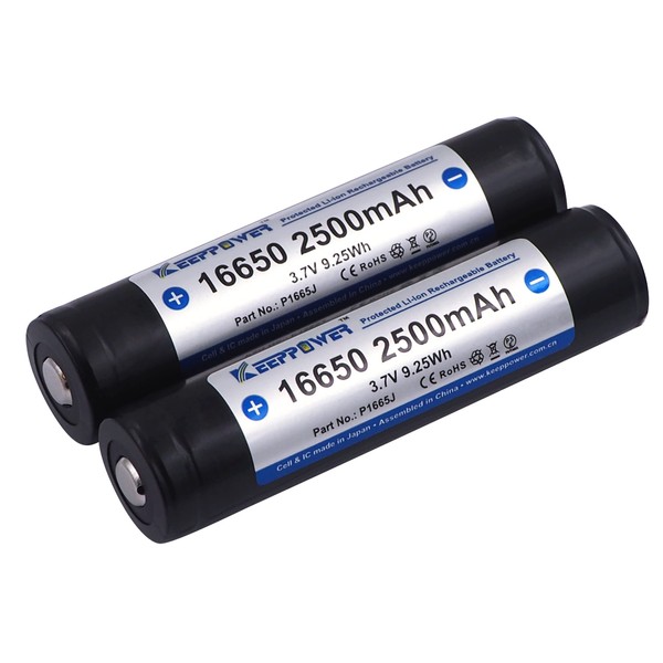 Keeppower Protected 16650 Rechargeable Li-ion Battery 2500mAh 3.7V P1665J (2 Pack)