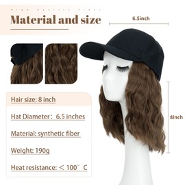8 Inch Baseball Cap With Hair Extensions BOB Synthetic Hair With Attached Black Hat With One Piece Hair Extensions For Women - Ash Brown