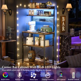 Aheaplus Bakers Rack with Power Outlet, Microwave Stand, 5 Tiers Coffee Bar Station with Led Lights, Kitchen Storage Shelf with 6 S-Shaped Hooks, Kitchen Rack for Spices, Pots and Pans, Rustic Brown