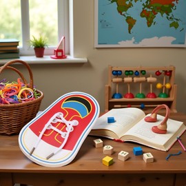 Yxinjy Wooden Red Threading Shoes Training Board, Learn to Tie Laces, Wooden Learn to Tie Your Own Shoes Threading Lacing Shoes Training Early Learning Kits | Threading Lacing Shoes Board