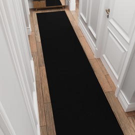 Ottomanson 3x28 Non Slip Extra Long Hallway Runner Rug with Rubber Backing - Solid Modern Kitchen Rug for Bedroom or Living Room, Black, 2'7" x 28'