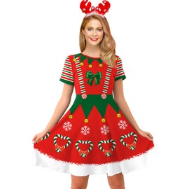 For G and PL Christmas Xmas Womens Short Sleeve Printed Ugly Holiday Party Dress Christmas Elf Red Green XL