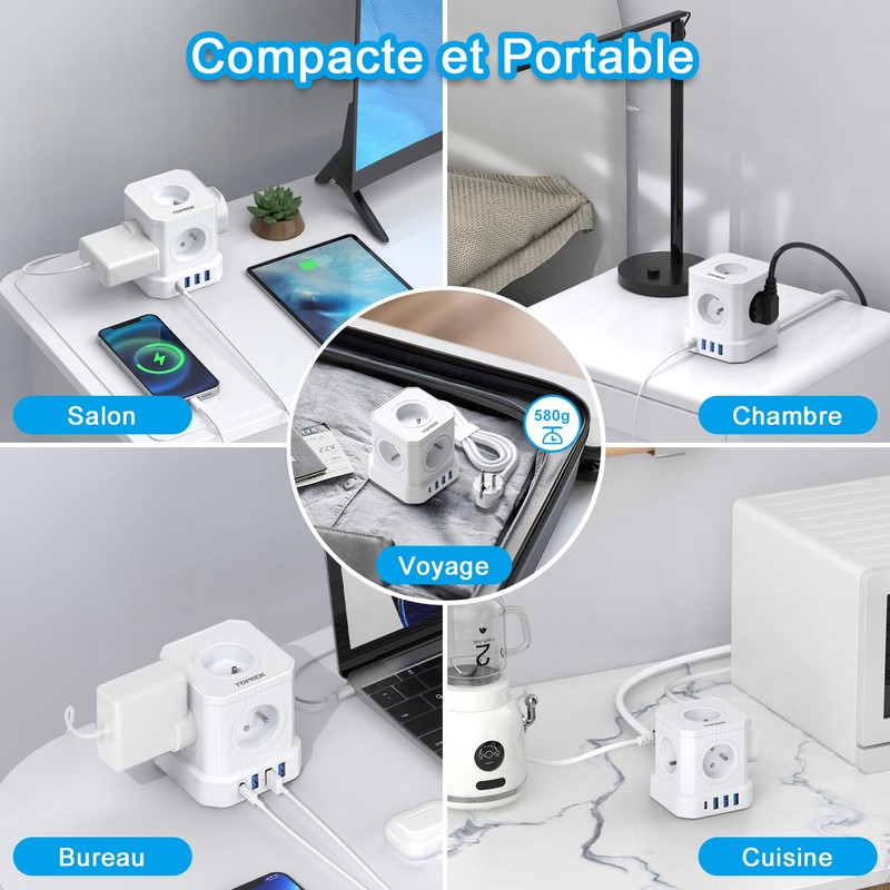 Multiprise USB Cube, TOPREK Cube Rallonge Multiprise 2M Avec 5