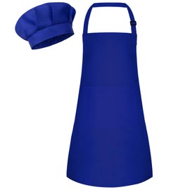 Bouiexye 1 Set Kids Apron and Chef Hat Set Children Apron Adjustable with 2 Pockets Children Chef Painting for Cooking Baking Painting Crafts Making (Royal Blue)