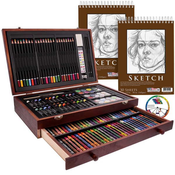 U.S. Art Supply 145-Piece Mega Wood Box Painting and Drawing Set in Storage Case - 2 Sketch Pads, 24 Watercolor Paint Colors, Oil Pastels, Colored Pencils, 60 Crayons, Brushes, Artist Kit