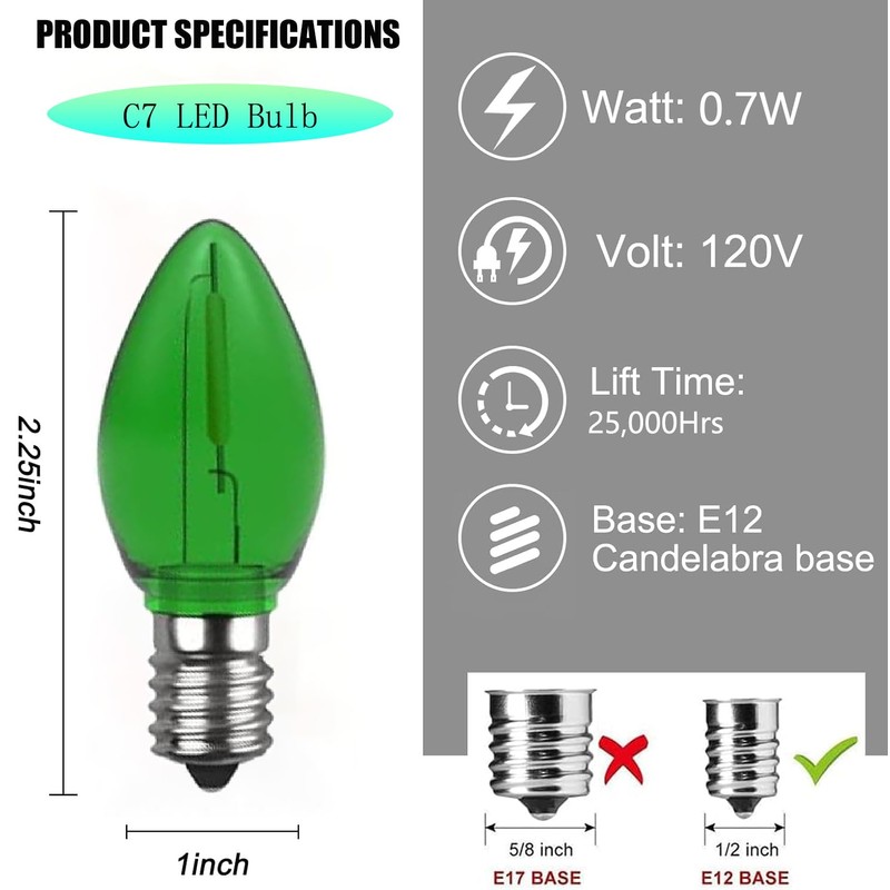 VENUSOP 2 Pack 120 Volt E12 Socket C7 Green Christmas