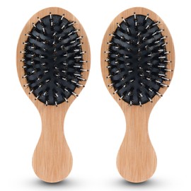 2PCS Mini Boar Bristle Hair Brush Bamboo Hair Brush Wooden Massager Brush Pocket Travel Small Paddle Boar Bristle Hair Brush for Women for All Hair Types