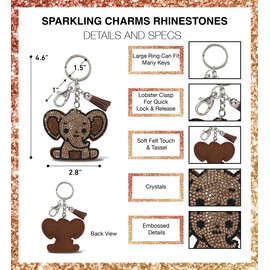 Aqua79 Elephant Keychain - Brown Sparkling Rhinestones Charm with Tassel, Fashionable Stylish Polyester PU Wild Life Key Ring Bling Jewelry Accessory with Clasp For Key Chain, Bag, Purse and Backpack