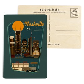 Nashville, Tennessee, Retro Skyline, (4x6 Birch Wood Postcards, 2-Pack Stationary, Rustic Home Wall Decor)