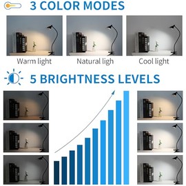 Qooltek Qooltek LED Reading Light, Clamp Lamp 3 Color Modes 5 Brightness, Clip Light for Desk Bedside Table, 5W USB Powered Desk Lamp with Flexible ArmBlack