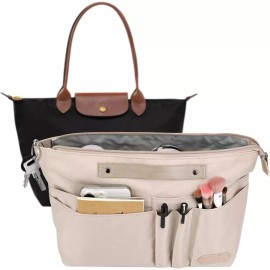 Longchamp 롱샹 르 플리지 미디엄용 키파틴 지갑 정리함 삽입물 지퍼와 15개의 포켓이 있는 내부 토트백 칸막이 여성 Longchamp Le Pliage Medium Tote Bag Organizer Insert with Zipper and 15 Pockets for Women [Beige]